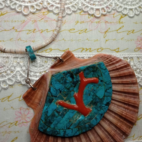 Antique Handcrafted Turquoise and Coral Shell Pendant Necklace - Picture 5 of 7